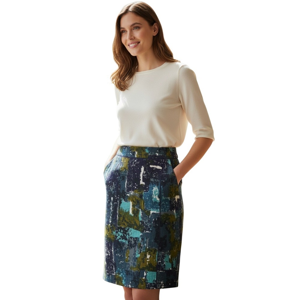 Anthropologie Tabitha Abstract Painterly Print Cotton Pencil Skirt Navy Teal S